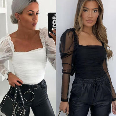 

NEW Women Cropped Tops Sheer Tee Casual T-shirts Mesh Puff Sleeve Blouse Slim