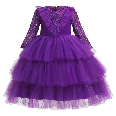 

Flower Print Dress Long Sleeve O-neck Children Lace Princess Cake Dresses