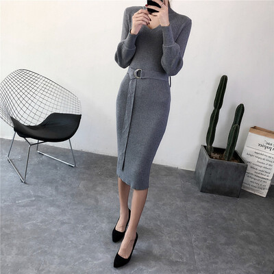 

Tight-fitting sweater women belt dress over-knee knit dress woman clothing