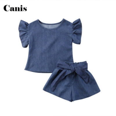 

Toddler Kid Baby Girl Denim Outfits Clothes T-shirt TopsBowknot Jeans 3PCS Sets