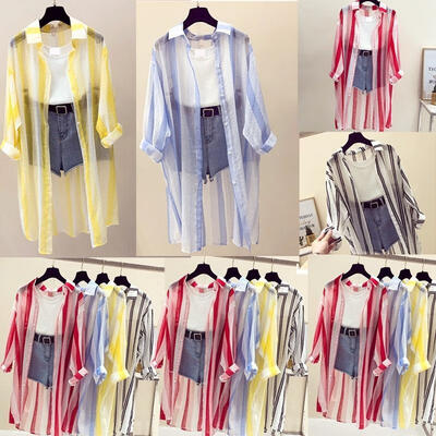 

Summer Women Stripe Loose Shawl Kimono Cardigan Long Sleeve Chiffon Tops Blouse