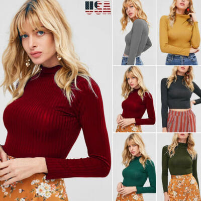 

Womens Turtleneck Stretch Crop TOPS Shirt Sweater jumper Knit Pullovers Blouse