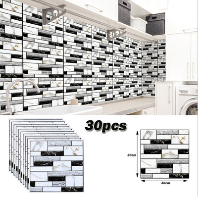 

30pcs 3D Waterproof Removable Wall Sticker 30X30cm118"X118" Tile Brick Self-adhesive for Kitchen Bathroom