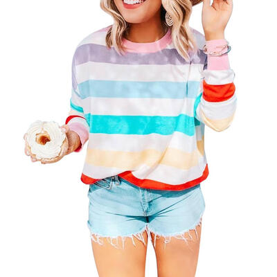 

Autumn Women T-shirt O-neck Loose Splicing Color Stripe Long Sleeve Tops