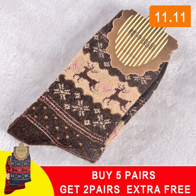 

5 pair Winter Women Socks Warm Wool Christmas Mid-calf Socks Woolen Snowflake Deer Comfortable Gift
