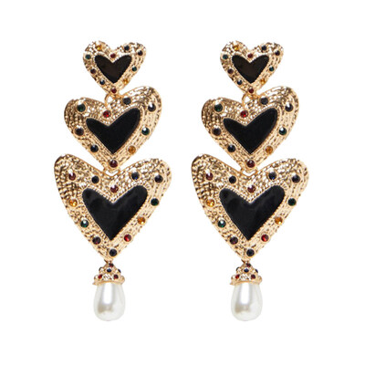 

Vintage Women 3 Hearts Drop Rhinestone Faux Pearl Enamel Statement Stud Earrings