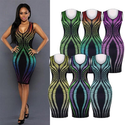 

Women Sexy V Neck Stripe Print Slim Fit Sleeveless Hip Package Bodycon Dress