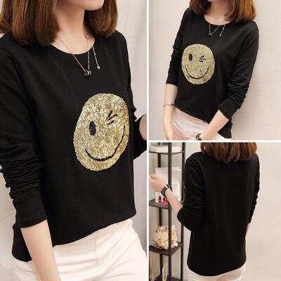 

Autumn Cute Smile Face O-Neck Long Sleeve Basic T-shirt Women Loose Tops