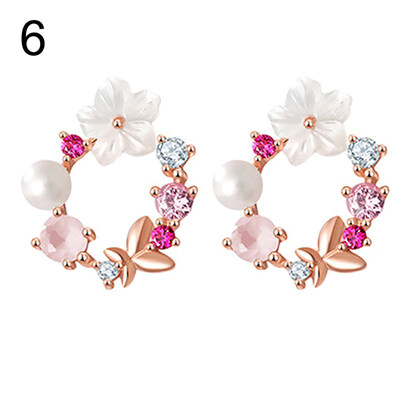 

Women Flower Circle Heart Waterdrop Faux Pearl Rhinestone Inlaid Stud Earrings