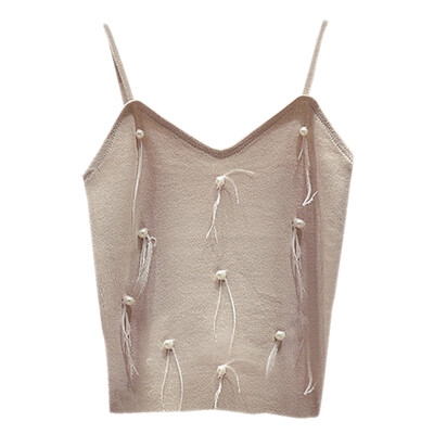 

Women Casual Basic Sexy Versatile Slim Pearl Feather Sling Bottoming Stretch Camisole Tops