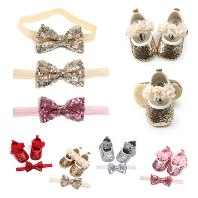 

0-18M Newborn Baby Girl Sequins Bling PU ShoesHeadband Lace Bow Tie Slippers