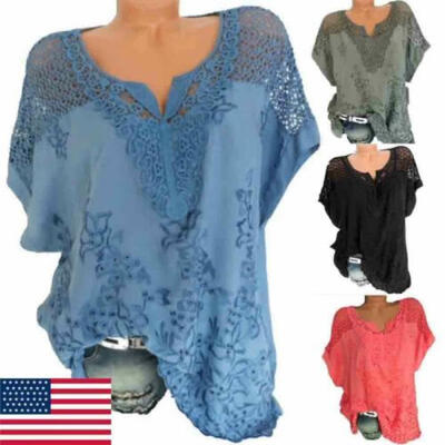 

Womens V Neck Lace Tee T-shirts Short Sleeve Blouse Loose Tunic Tops
