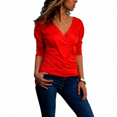 

Solid color V-neck long-sleeved slim T-shirt casual simple womens shirt