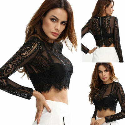 

Fashion New Women Slim Lace Flore Shirt Crop Tops Long Sleeve Sexy Blouse Black