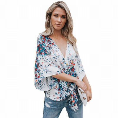 

V-neck cropped sleeve floral print knotted bohemian top
