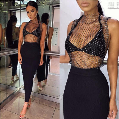 

2018 Sexy Women Sleeveless Grid Hot Drilling Mesh Rhinestone Party Cocktail Crop Tops Blouses T shirts