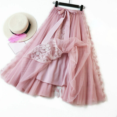 

Lady Lace Floral Mesh A-Line Midi Tulle Layered Fairy Swing Cute Long Skirt