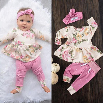 

Lovely Newborn Baby Girls Floral Tops Dress Pants Leggings Headband Outfits Set