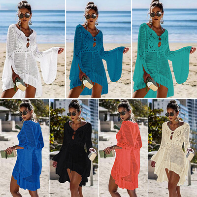 

Sexy Women Bikini Cover Up Fishnet Hollow Out Long Sleeve Knitted Swimsuit Coverups Beach Dress