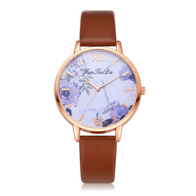 

Minimalism Womens Watches Purple Floral Dial Ladies Simple Quartz Wristwatch Leather Strap Clock Casual Dress Reloj Mujer