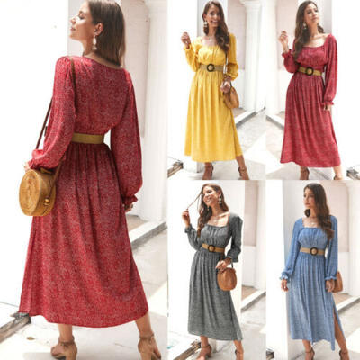 

Boho Sexy Women Summer Holiday Polka Dot Maxi Dress Long Sleeve Long Dress UK