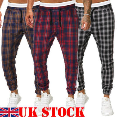 

Mens Checkered Track Pants Premium Plaid Stretch Skinny Fit Casual Trousers Pant