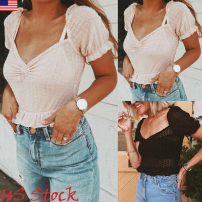 

Sexy Women Dot Silm fit Transparent Mesh Sheer Crop Top T-Shirt Blouse Tee Tops