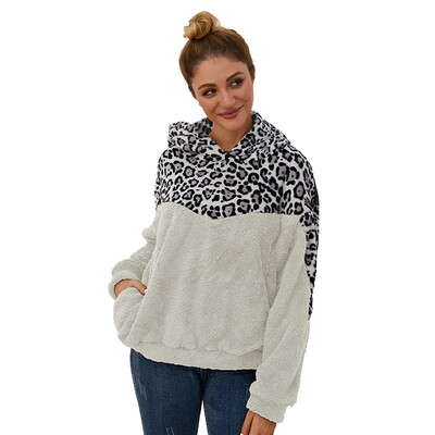 

Women Plush Sweater Hooded Leopard Stitching Long Sleeve Casual Warm Winter Autumn Loose Tops