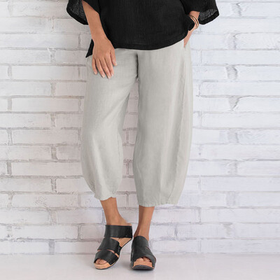 

Tailored Women Casual Solid Cotton Pants Trousers Elastic Band Loose Wide Leg Pants