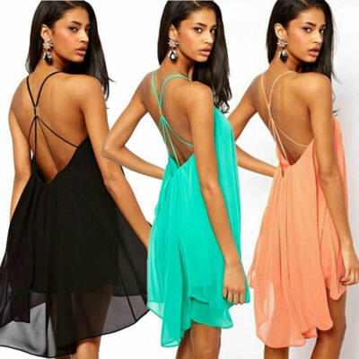 

US Fashion Ladies Chiffon Backless Sling Strap Back Clubwear Evening Mini Dress