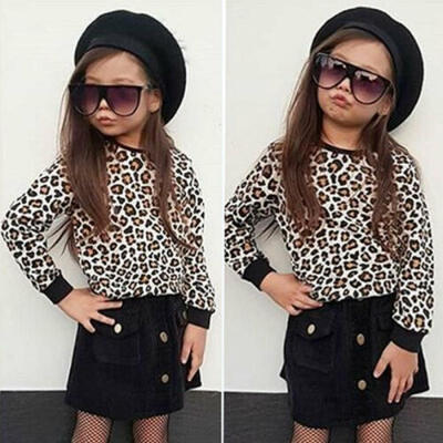 

UK STOCK Kid Girl Long-sleeved Leopard Tops Short Skirt Outfit Clothes Sets 2PCS