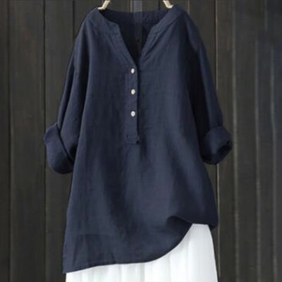 

Womens Solid Loose Button Blouse Tops V-neck Long Sleeve Loose Casual Shirts