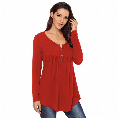 

Solid color V-neck button long-sleeved womens T-shirt casual slimming shirt