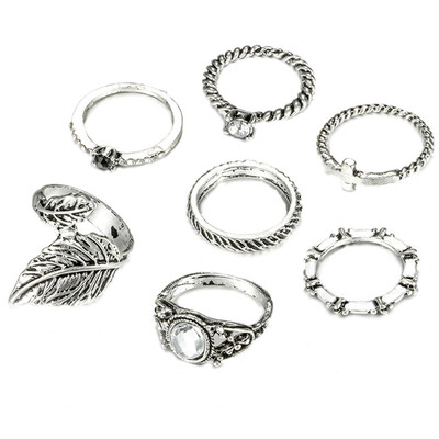 

Bohemian Silver Leaves Cross Crystal Knuckle Rings Set Jewelry