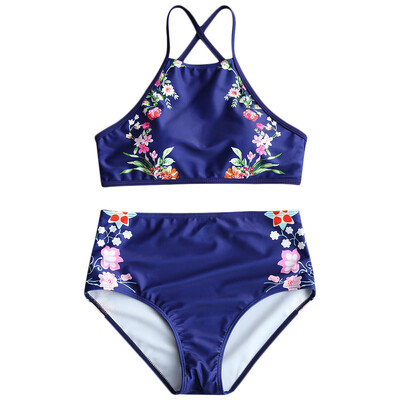 

Sexy Criss-cross Strap Backless Padded Floral Print High Waist Women Bikini Set