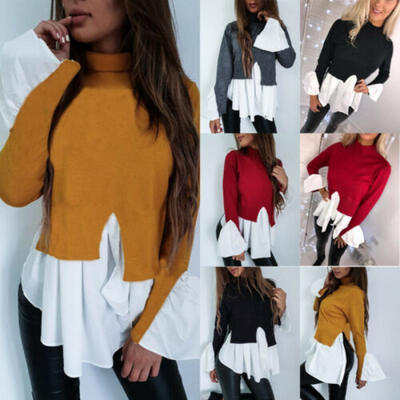 

Womens Irregular Hem Top Long Sleeve Turtleneck Casual Loose Autumn T-Shirt