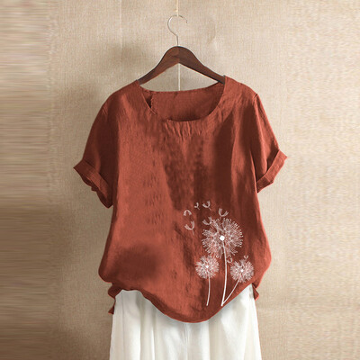 

Roseonmyhand Plus Size Women Short Sleeve Cotton Linen O-Neck Print Blouse Top T-Shirt