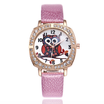

Lady cute owl cartoon watch square dial with diamonds English table
