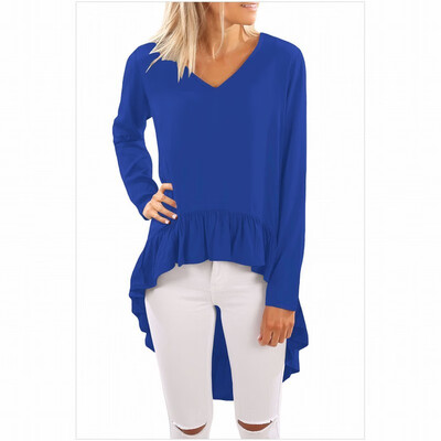 

V-neck long-sleeved solid color ruffled front short long long casual long top