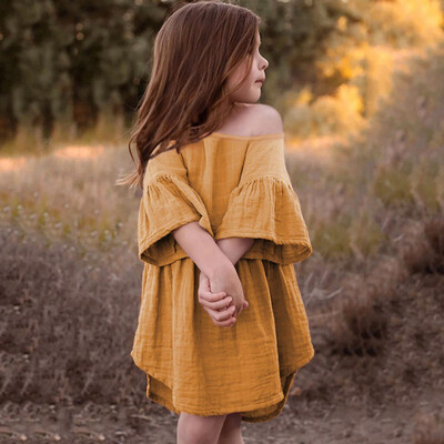 

Toddler Baby Girls Off Shoulder Flare Sleeve Ruffles Solid Print Dress Clothes