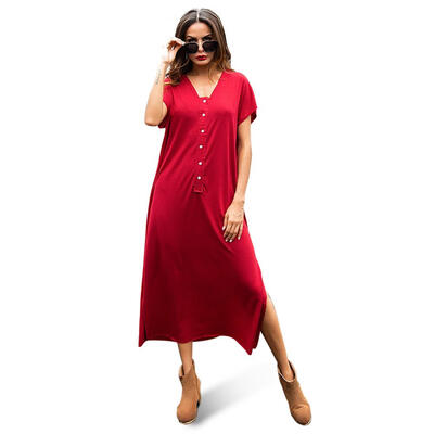 

Solid Button Dress Women Short Sleeve V-neck Sexy Slit Loose Long Dresses