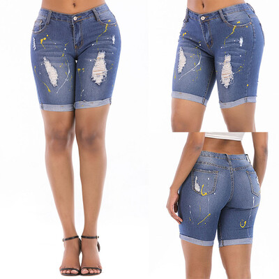 

〖Follure〗Women Elastic Destroyed Hole Short Pants Denim Bandage Sexy Knee Length Jeans