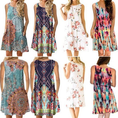 

Women Sleeveless Summer Boho Printed Beach Casual Loose Mini Shirt Beach Dress