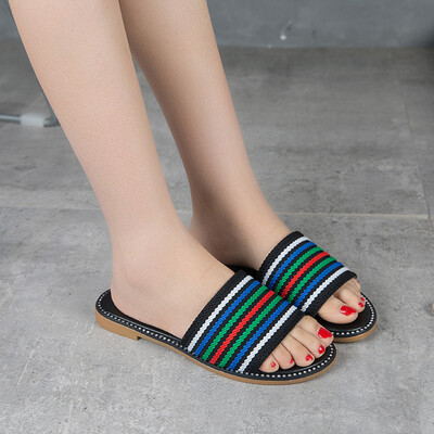 

Rose Womens Colorblock Striped Cloth Open Toe Slippers Non-Slip Roman Beach Shoes
