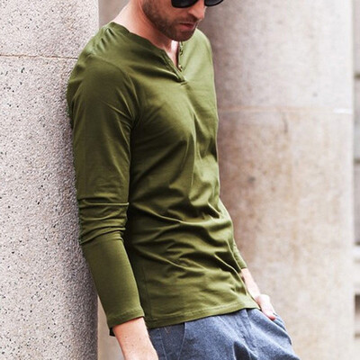 

Mens Slim Fit Button Muscle Tops Long Sleeves Casual Basic Tee V Neck T Shirts