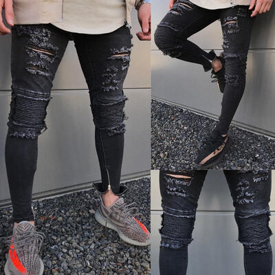 

Men Slim Denim Jeans Skinny Frayed Pants Distressed Rip Trousers