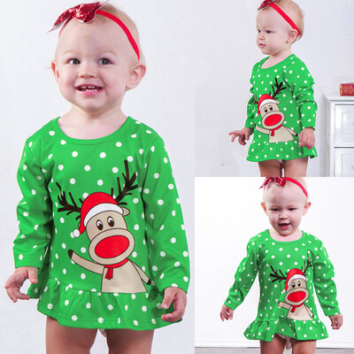 

Toddler Baby Girls Long Sleeve Cartoon Deer Dot Dress Christmas Princess Clothes