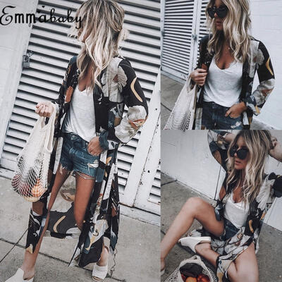 

Women Floral Print Loose Shawl Kimono Blouse Long Cardigan Chiffon Coat