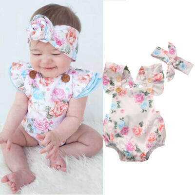 

Summer Newborn Baby Girl Floral Romper Bodysuit Jumpsuit Headband Outfit Clothes