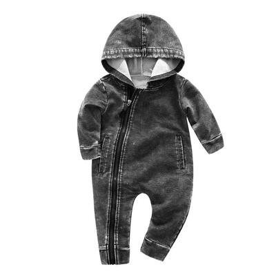 

Cute Fashion Hooded Denim Rompers Long Sleeve Slanted Zipper Baby Jumpsuit